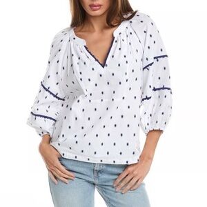 Tyler Boe White Peasant Top with Navy Dot Trim